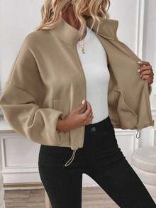 Women's Zip-Up Drawstring Long Sleeve Casual Hooded Sweatshirt Jacket,Airport Women Outfits,Three Quarter Sleeve Tops In Fall/Winter - 卡其色 - 查看 5