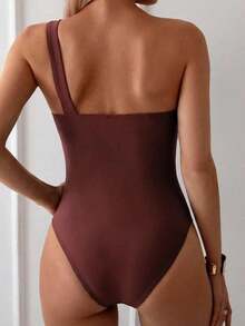 Traje de baño de una pieza con escote asimétrico y decoración de anillo de metal de unicolor para mujer - Marrón - Ver 2