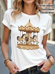 Women's Carousel Print T-Shirt - Casual Short-Sleeved Crew Neck T-Shirt With A Carousel Design And Gold Trim. Machine Washable, Comfortable Fit For All Seasons, Suitable For Circus-Themed Parties And Everyday Wear (White Background With Gold Carousel Print). Breathable And Soft Texture, No Bulky Feel, Suitable For Layering Or Wearing Alone. Fashionable Women's Top With A Circus Carousel Pattern Design. T-Shirt, Matching Family Outfit, Great For Parties And Family Vacations, Everyday Summer Wear, Outdoor Leisure Vacation Set, Attractive Weather Wear, Perfect For Daily Wear, Clothing Set And Gift - 白色 - 查看 1