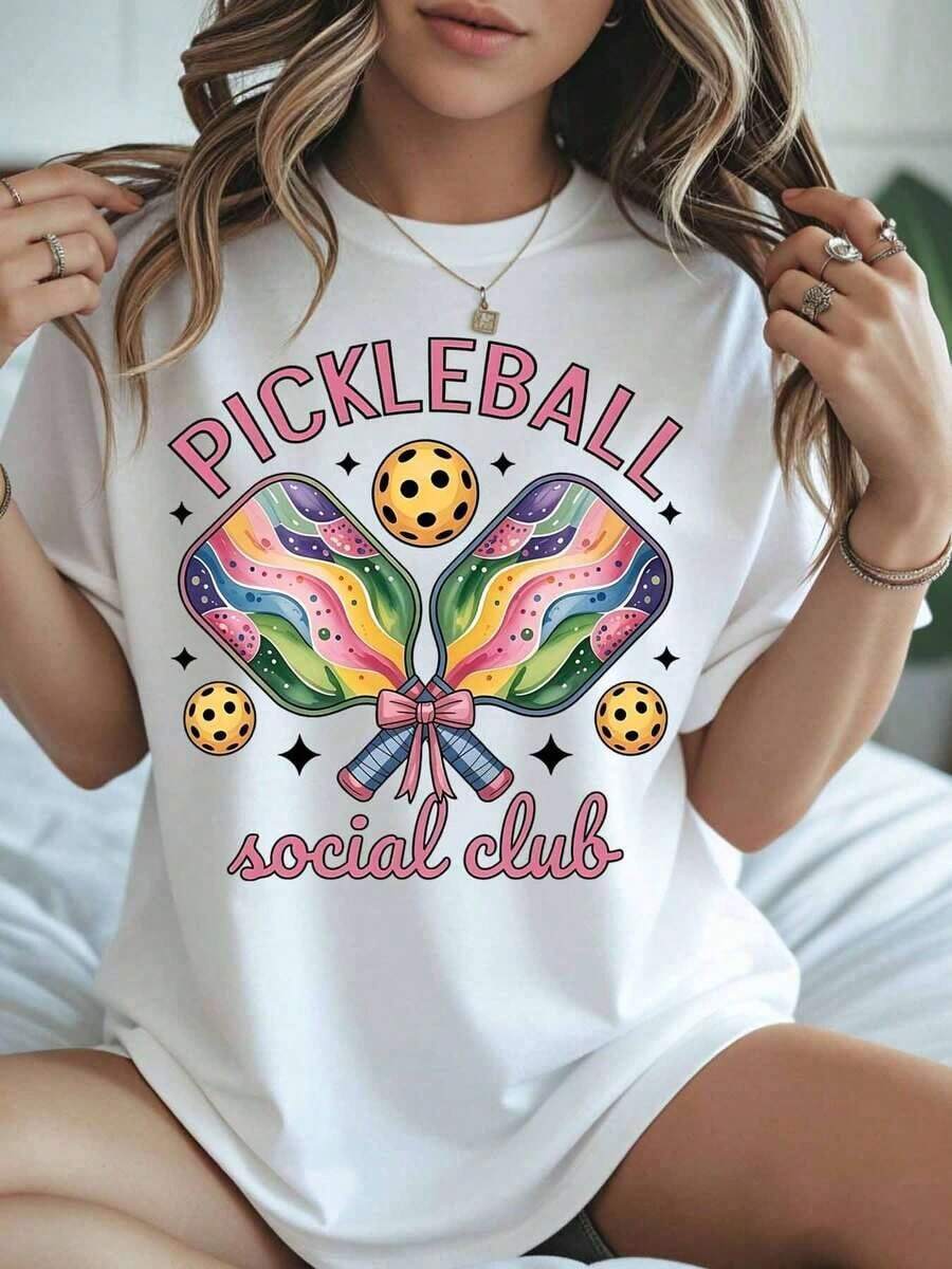 1 Women's Pickleball Social Club T-Shirt With Colorful Paddle And Ball Design, Casual Wear, Sporty Style, Fashion Top, 180g, 100% Cotton. - 白色 - 查看 1