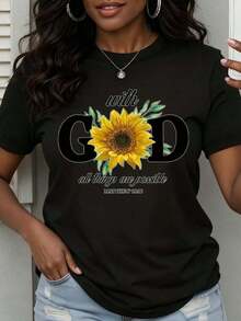 1 Piece Women's Casual Fashion Crew Neck T-Shirt With Sunflower Print And Bible Verse "With God All Things Are Possible" (Matthew 19:28), Soft And Comfortable Style For Daily Wear, Party Or As A Gift. 180g 100% Cotton. - 黑色 - 查看 6