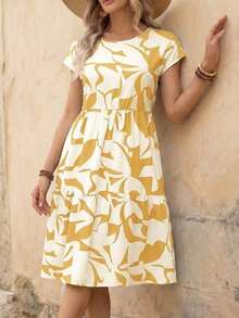 Vestido casual corto de manga corta con cuello redondo y estampado geométrico para mujer, primavera/verano - Amarillo - Ver 6