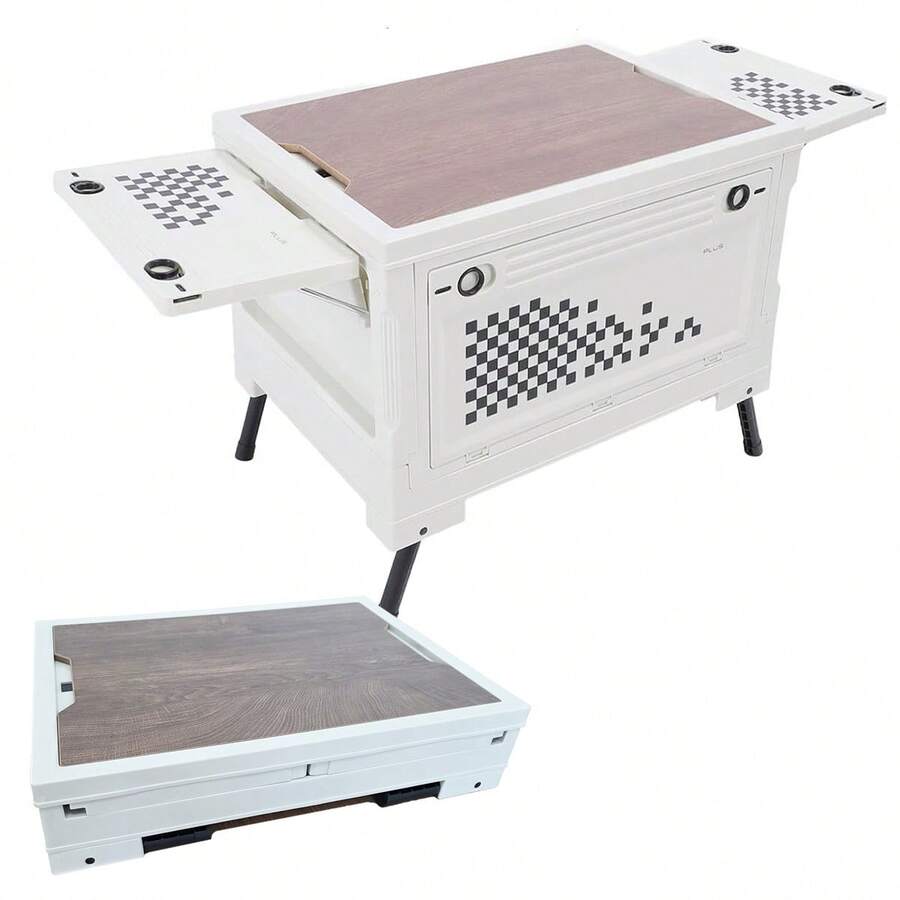 Boîte de rangement multifonctionnelle pliable Klack 56L – Table d'organisation avec couvercle en bois – Ouverture à 4 voies – Conteneur portable et empilable pour le camping, la voiture, la maison et les activités de plein air - A - Voir 1