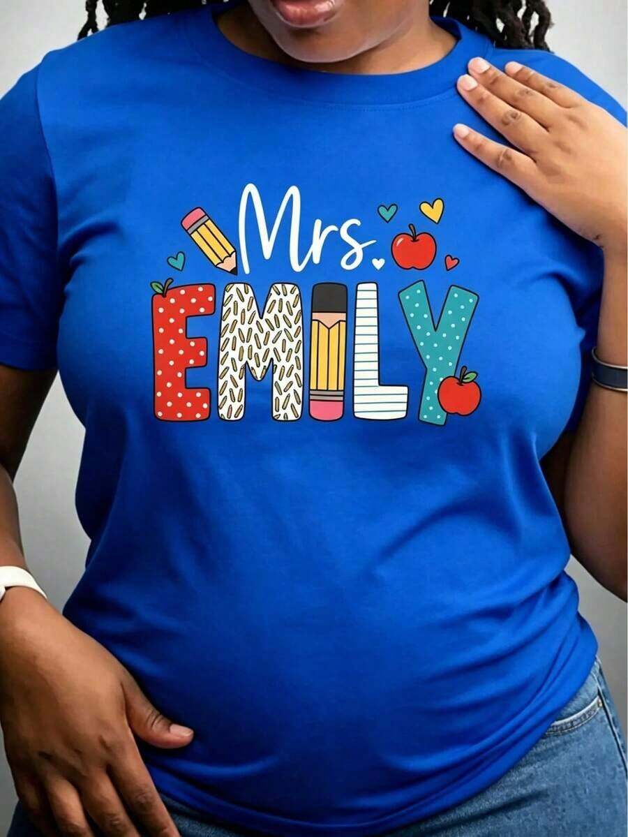 Fashionable Women's T-Shirt, Casual Short Sleeve Women's T-Shirt - Teacher's Day Gift, With Name Design, Colorful Icons And Medium Elasticity Fabric, Machine Washable Educator's T-Shirt, Teacher's Outfit, School Themed Design, Stretch Fabric Top. - 藍色的 - 查看 1
