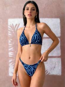 Traje de baño de dos piezas con lazo en el cuello y diseño triangular multicolor para mujer. - estampado de leopardo - Ver 10