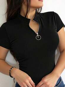 Camiseta casual de mujer de manga corta con cuello mao y unicolor, para verano - Negro 2 - Ver 6
