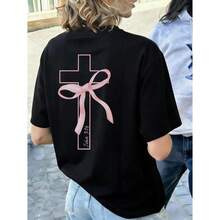 Women's Short-Sleeved T-Shirt, New Summer Style, Simple, With Crossover Tie Print, Casual, Loose, Versatile, Round Neck, Dark Gray Color, Modern Everyday Top, Suitable For Daily Wear And Holidays. - 黑色 - 查看 7