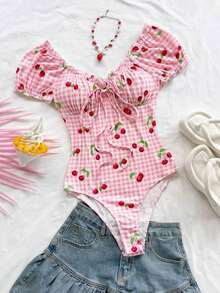 Body de mujer con volantes y lazo delantero, estampado de cuadros y cerezas para vacaciones - Multicolor 2 - Ver 1
