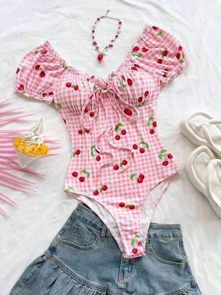 Body de mujer con volantes y lazo delantero, estampado de cuadros y cerezas para vacaciones - Multicolor 2 - Ver 1