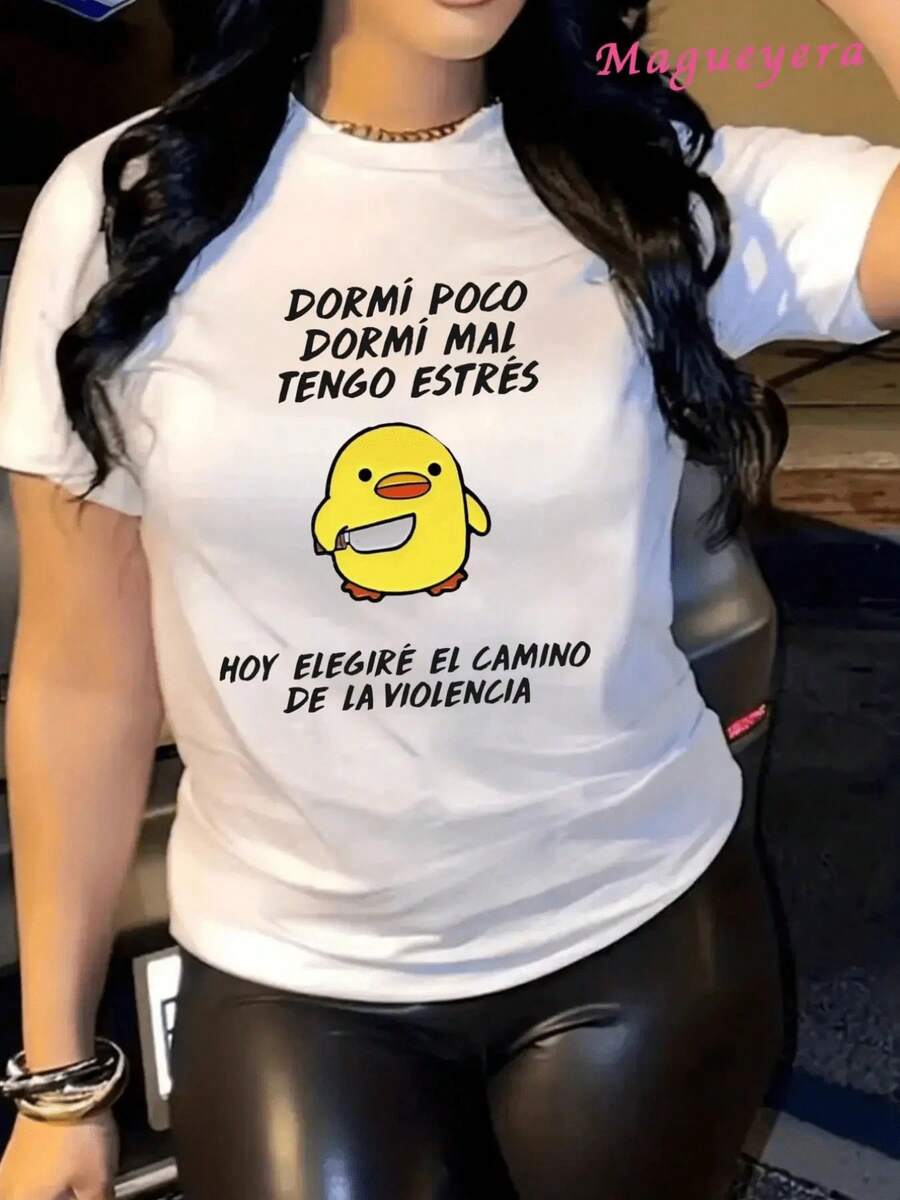 Camiseta casual para mujer con un divertido estampado de pollito, diseño Dormi Poco Dormi Mal Tengo Estres Hoy Elegire El Camino De La Violencia, camiseta de cuello redondo de manga corta para uso diario, camisa holgada de algodón suave para primavera y verano. - Blanco - Ver 1