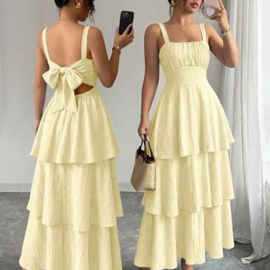 Elenzya Women's Elegant Sleeveless Layered Ruffle Dress, Textured Fabric, Suitable For Beach Dates, Spring/Summer - Amarillo claro - Ver 1