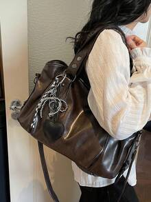 Classic Multifunctional Commuter Solid Color Large Capacity Retro PU Leather Shoulder Bag Handbag Wallet, Zipper Closure, Designed For Women, Suitable For Shopping, Travel, Outing And Other Occasions - Coffee - View 7