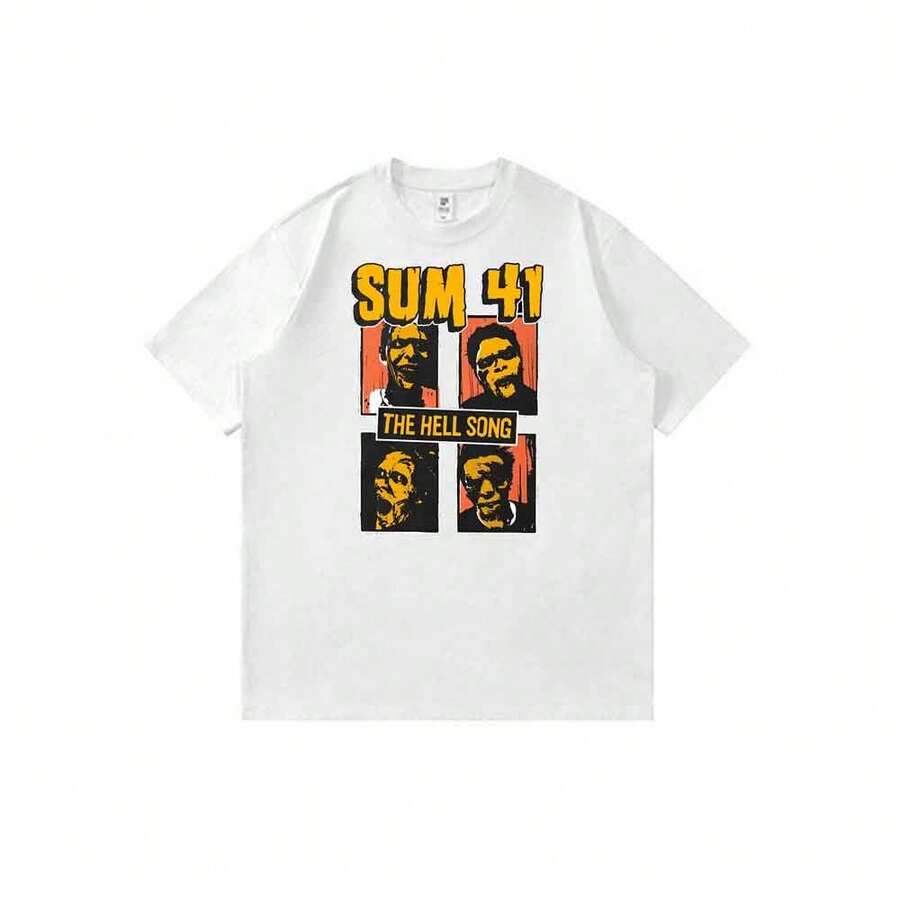 Camiseta unisex estilo retro anime con estampado de dibujos animados Sum-41-The-Hell-Song, corte holgado y casual, ideal para el verano. - Blanco - Ver 1
