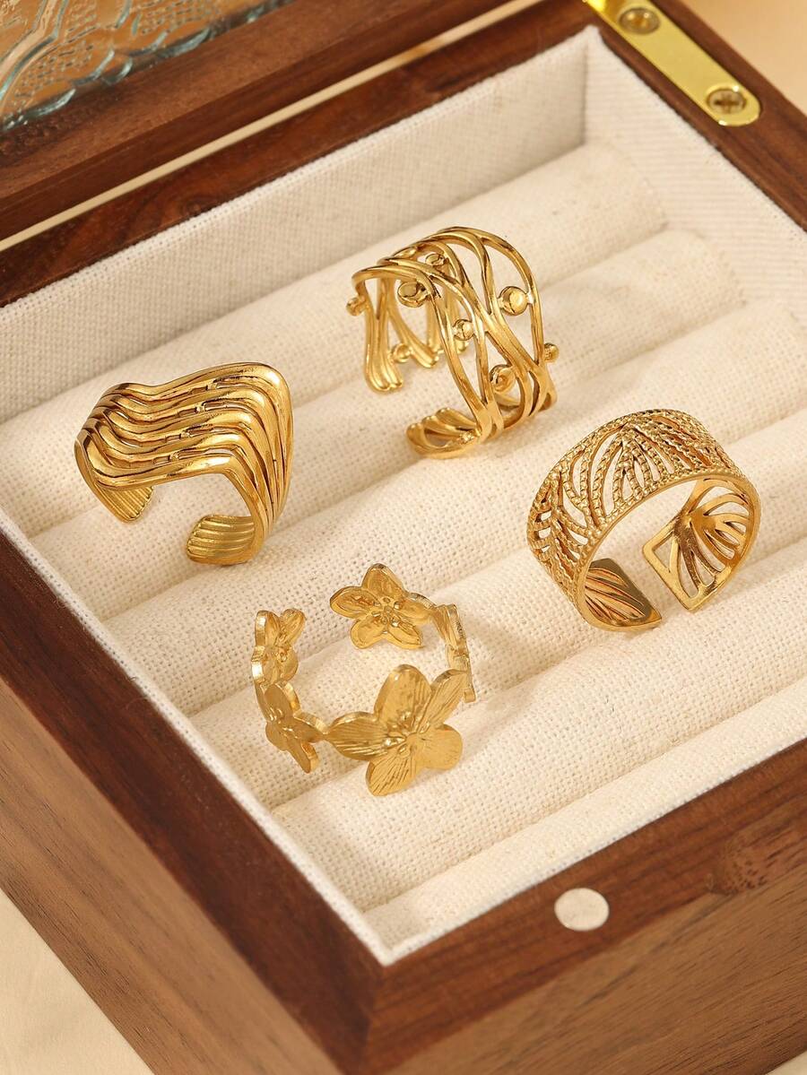 4pcs/Set Stainless Steel Gold 5-Petal Flower Open Ring Set, Suitable For Daily Wear Or As Gift For Friends - Yellow Gold - View 1