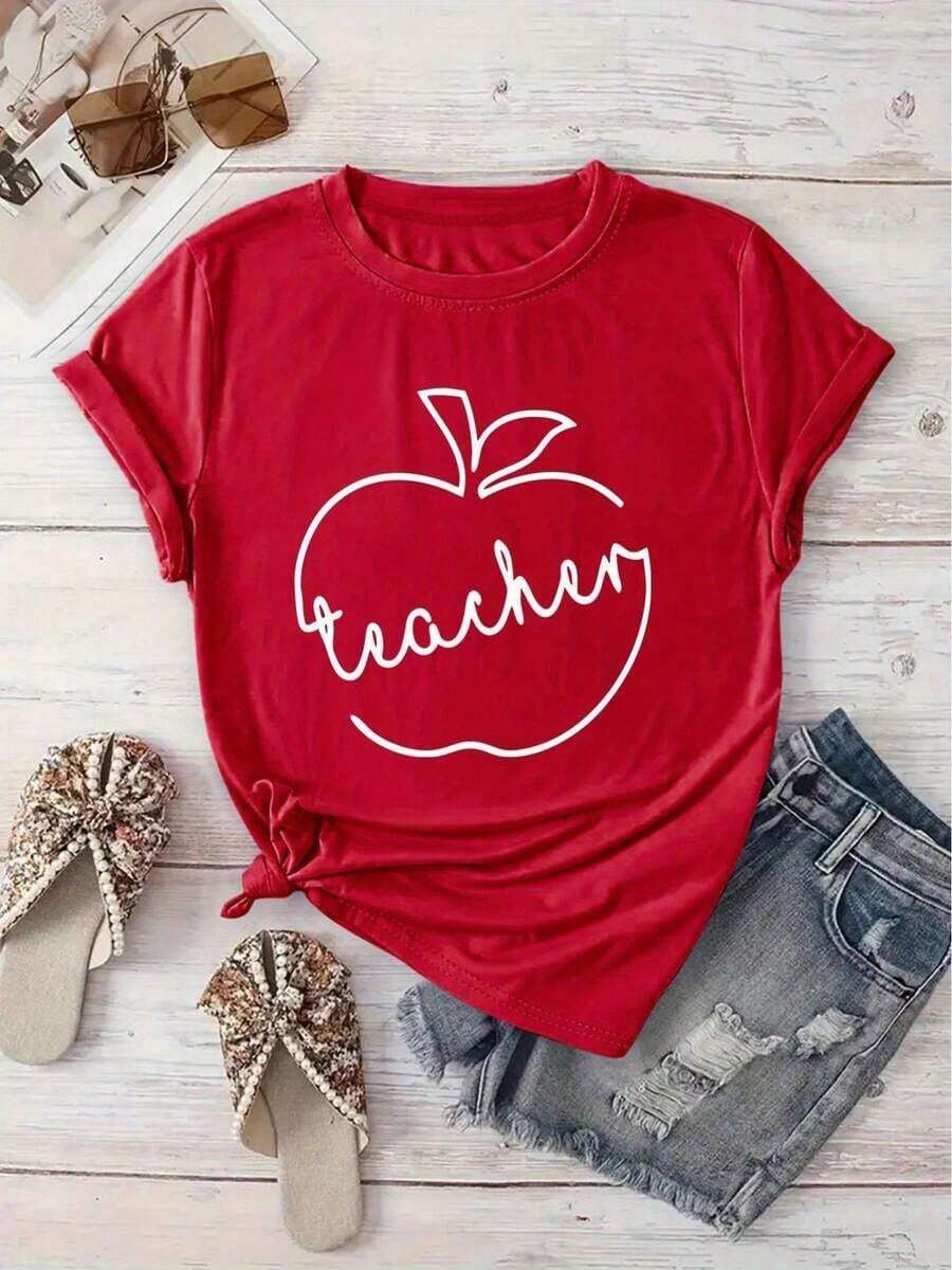 [Recomendación de Nueva Llegada] Camiseta Estampada con Patrón de Manzanas, Casual para Mujer, Vacaciones, Manga Corta, Cuello Redondo, Primavera/Verano, Lavable a Máquina, Ropa Nueva para Mujer, Versátil para Uso Urbano, Deportiva - Corte Holgado Unisex - Camiseta de Algodón Estilo Vintage Urbano - Adecuada para primavera, verano y otoño - Rojo - Ver 1