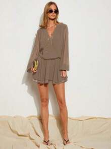 Vestido corto de mujer elegante de unicolor con cuello en V y manga larga - Camel - Ver 8