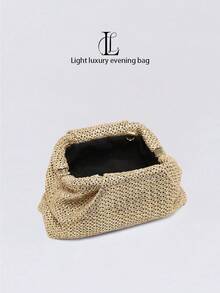 1個女用金色壓褶草編手拿包，雲朵般輕盈壓褶設計，時尚簡約，大容量，適合購物與外出 - 金色 - 查看 4