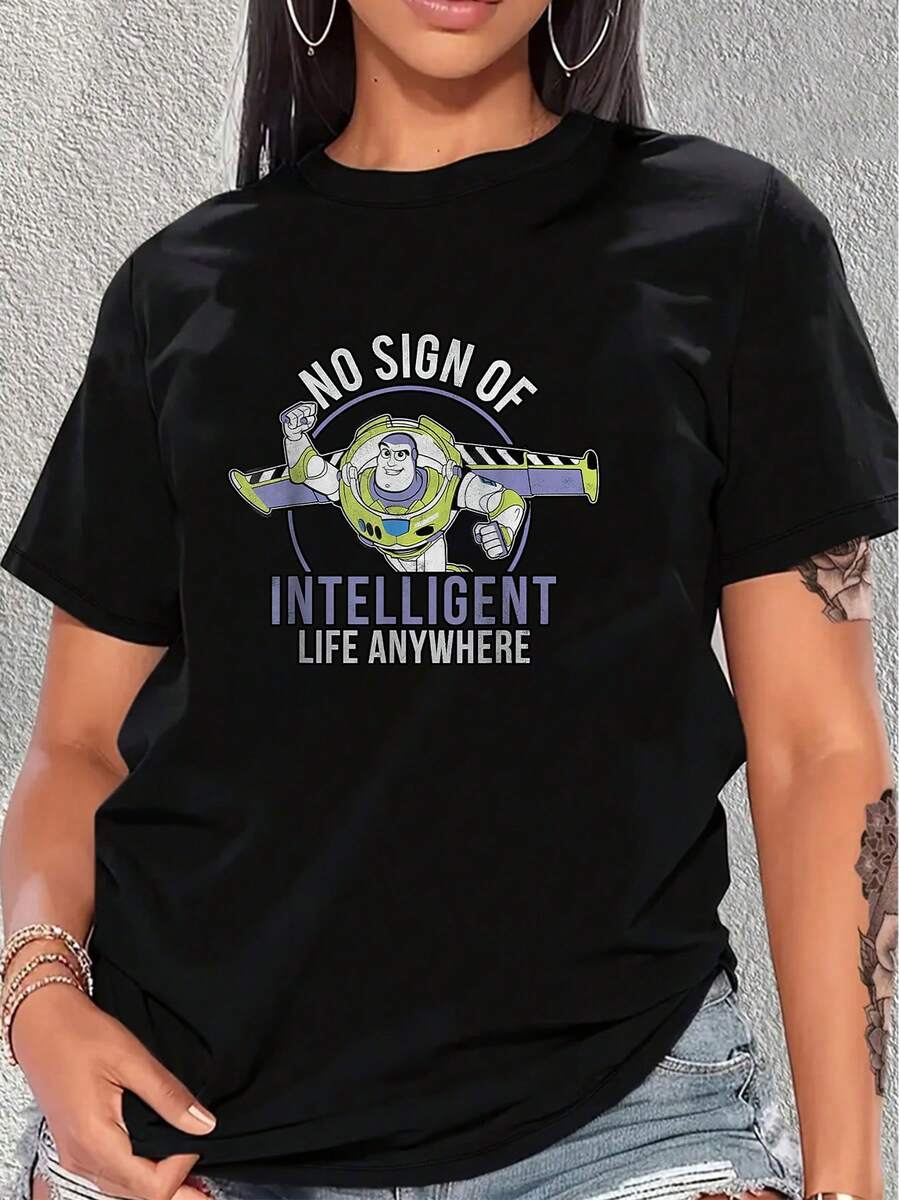 Fun Graphic Showing A Brave Space Explorer Raising His Fist With The Humorous Phrase "No Sign Of Intelligent Life Anywhere" Representing A Casual And Sarcastic Attitude. Comfortable And Modern Women's T-Shirt For Everyday Wear - 黑色 - 查看 1