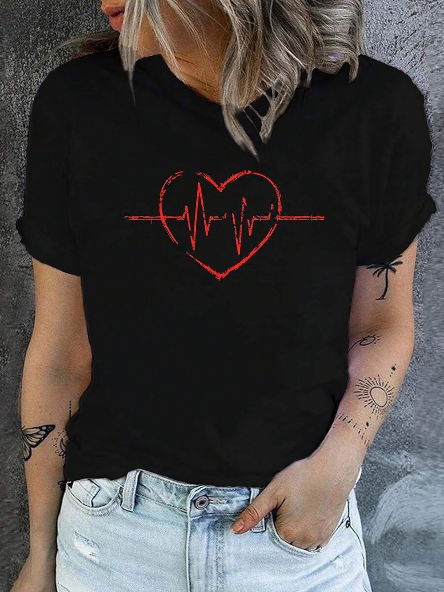ECG Love Print Crew Neck T-Shirt, Casual Short Sleeve T-Shirt For Spring And Summer, Women's Clothing. - Black - View 1