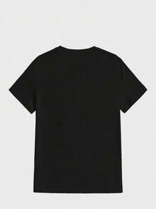 Camiseta casual versátil de mujer con cuello redondo y estampado de árbol de cerezos de manga corta - Negro - Ver 2