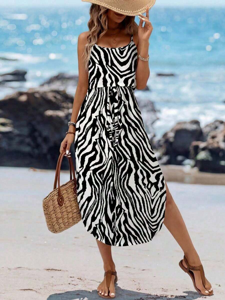 Vestido midi sin mangas con efecto tie-dye, con cintura ajustable y abertura, para el verano - Multicolor - Ver 1