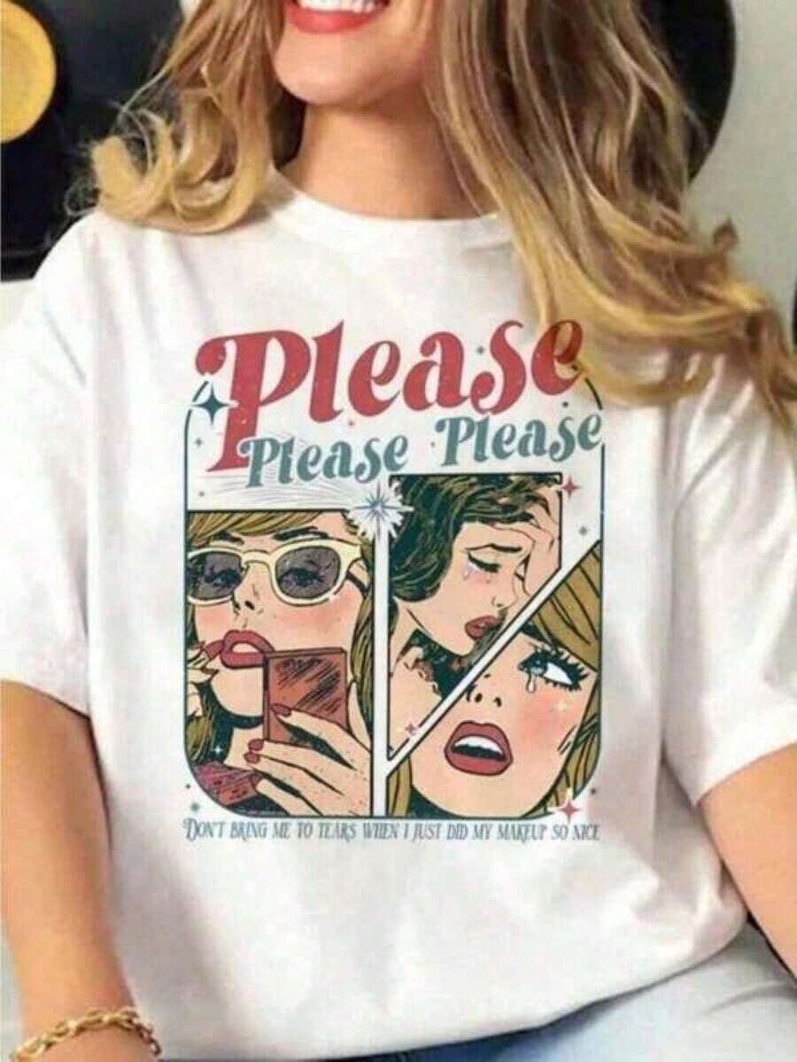 Casual T-Shirt - Summer Sets For Women - Please Please Please, Cute Girl T-Shirt, Short Sleeve, Oversized Style, Classic Heavy Cotton, Graphic Print, Casual Short Sleeve Top For Women - Tayzi ZM79 - Summer Essential And Casual Chic, 100% Cotton, Durable. - 白色 - 查看 1