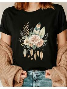 Camiseta unisex de manga corta, SpicyCamisetaY2KModaVeranoEsencialparaViajesFechasRegalosVacacionesPlayaFestividadesconRosaYHojaDiseñoI01TripulaciónCuelloCortoCon mangasSuperiorAdecuadoparaTodosEstaciones del añoInformalYPlayeras Versátileshombre, , , Dazymujer,romwehombres, bohochic,maestrasregalos,camisetaparaconjuntos de mujercon curvasparamu,y2k, - Negro - Ver 1