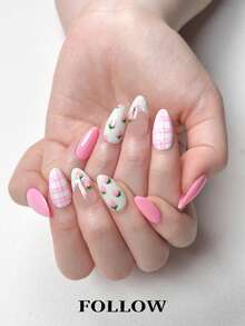 10pcs Handmade Short Almond-Shaped Nail Stickers, Cute Style With Pink, Floral, Strawberry, Plaid, Lace Patterns, Suitable For Women's Daily, Party, Office Wear, Reusable Nail Art Set With Nail Tools Nails Handmade Press On Nails - Multicolor - View 3