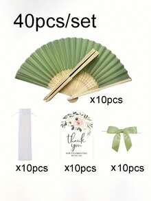 60件套，男女皆宜的绿色婚礼及生日扇套装，包含一把带绿色领结的折扇、一张卡片和一个透明薄纱袋，适合婚礼和生日派对装饰、新娘礼物、生日派对礼物。 - 多色 - 查看 9