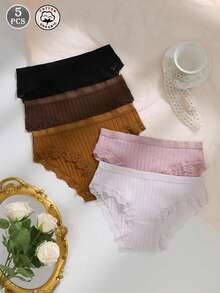 5pcs/Set Women's Sexy Comfortable Lace Patchwork Knit Fabric Elegant Mid-Waist Briefs - Multicolor - View 3