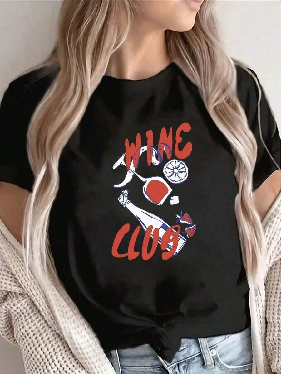 Camiseta de manga corta para mujer con diseño de club de vinos, ideal para cenas informales o uso en casa, ligera y resistente, perfecta para atuendos diarios. Adecuada para primavera, verano y otoño. - Negro - Ver 1