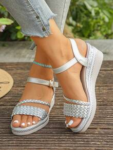 Sandali con zeppa alla moda estiva casual da donna, sandali casual da spiaggia con cinturino intrecciato in argento e punta tonda, sandali con zeppa in PU intrecciato argento con fibbia per il tempo libero all'aperto, sandali con tacco alto da donna - Argento - Visualizzare 6