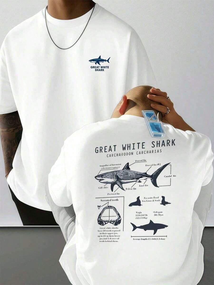 Anatomy Of The Great White Shark T-Shirt, Organic Cotton, Double-Sided Print, Anti-Shrink, Classic Fit, Basic, All-Day Comfort. - 白色 - 查看 1