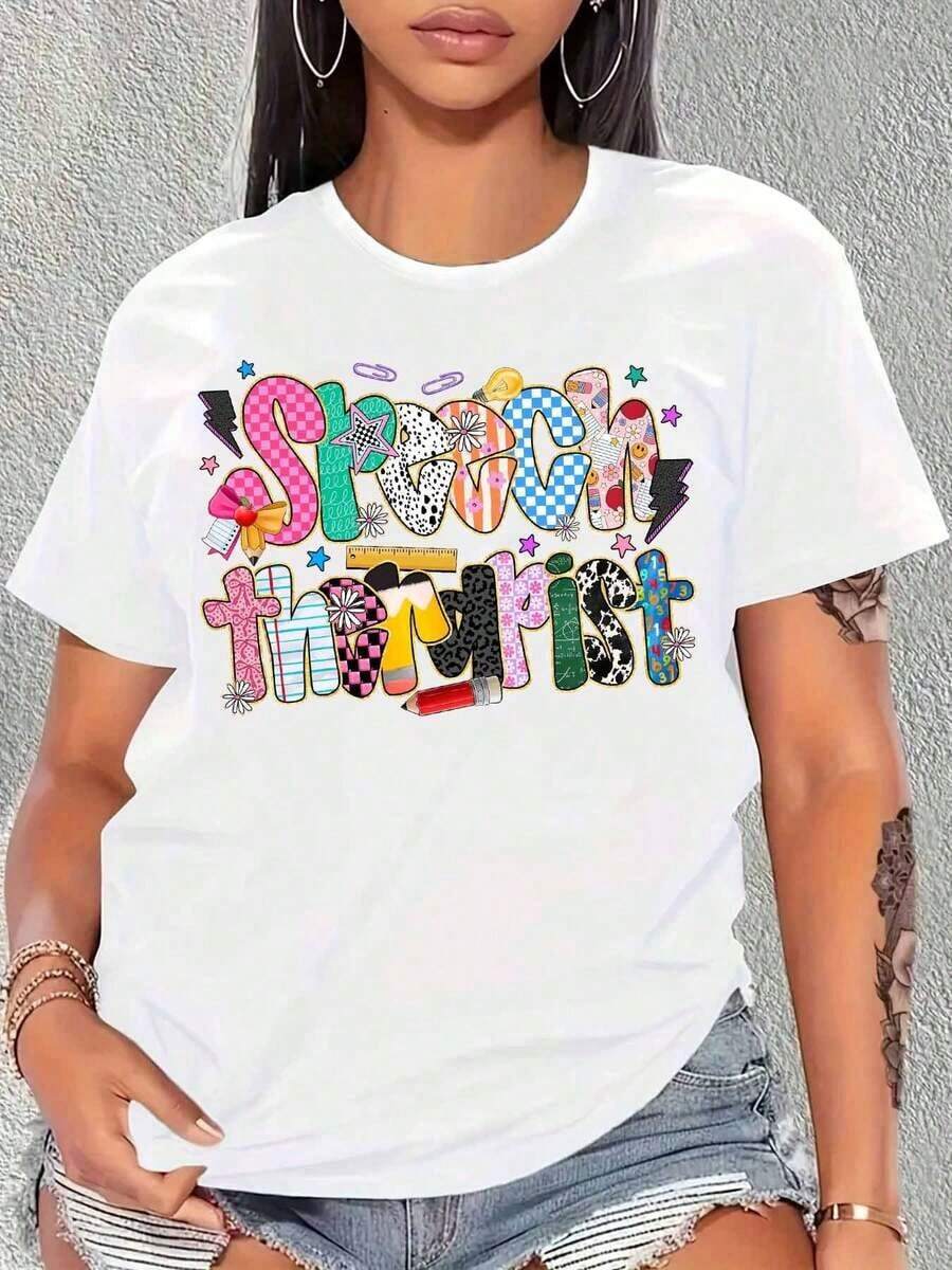 Camiseta Moderna y Minimalista con Estampado Divertido para Terapeutas del Habla, Ropa Casual para Mujer, Idea de Regalo para Profesionales de la Terapia del Habla, Uso Diario Casual - Blanco - Ver 1