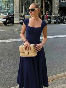 Vestido largo invierno estilo francés liso ajustado con tirantes cremallera y lazos traseros elegante moda para mujer - Azul Marino - Ver 11