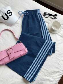 Pantalones de chándal casuales y holgados con cintura elástica y rayas laterales marrones para mujer - Niebla azul - Ver 5