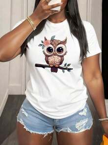 Comfortable Mother's Day T-Shirt, Women's T-Shirt With Owl And Pretty Flower Print For Leisure And Summer, Loose Versatile Short Sleeve T-Shirt For Women - 白色的 - 查看 1