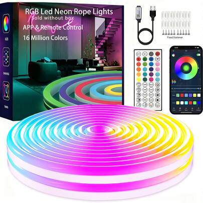 Dây đèn LED Neon dài 1m/3.28ft - 5m/16.4ft, điều khiển từ xa và ứng dụng đồng bộ nhạc, đèn dây neon dẻo, RGB cho phòng ngủ, trang trí ngoài trời.