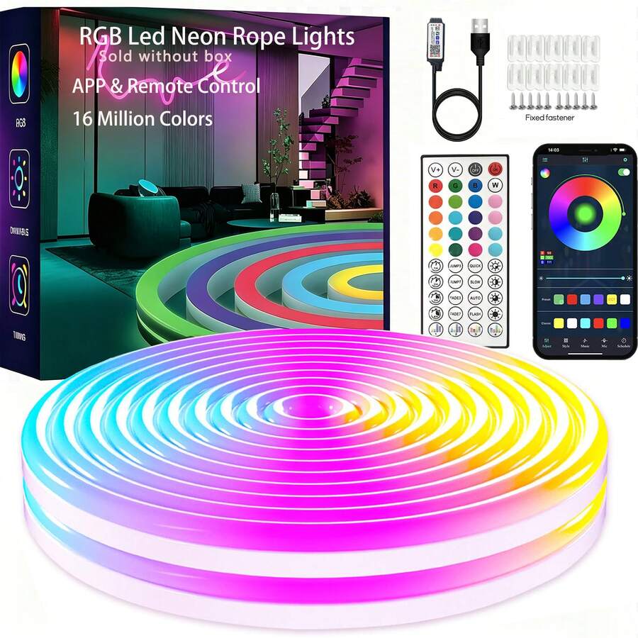 1m/3.28ft - 5m/16.4ft LED Neon Lights Strip, Music Sync Remote & App Control, Flexible Neon Rope Lights, RGB For Bedroom Room Outdoor Decor - RGB - View 1