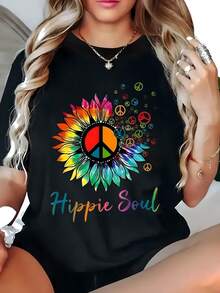 Women's 2026 Hippie Print Loose Fit T-Shirt, Casual Short Sleeve Boat Neck Top, Pure Cotton, All Seasons Stretch Fabric, Geometric Pattern, Round Neck, Summer And Spring Fashion - Perfect Gift For Mothers And Daughters! - 黑色 - 查看 1