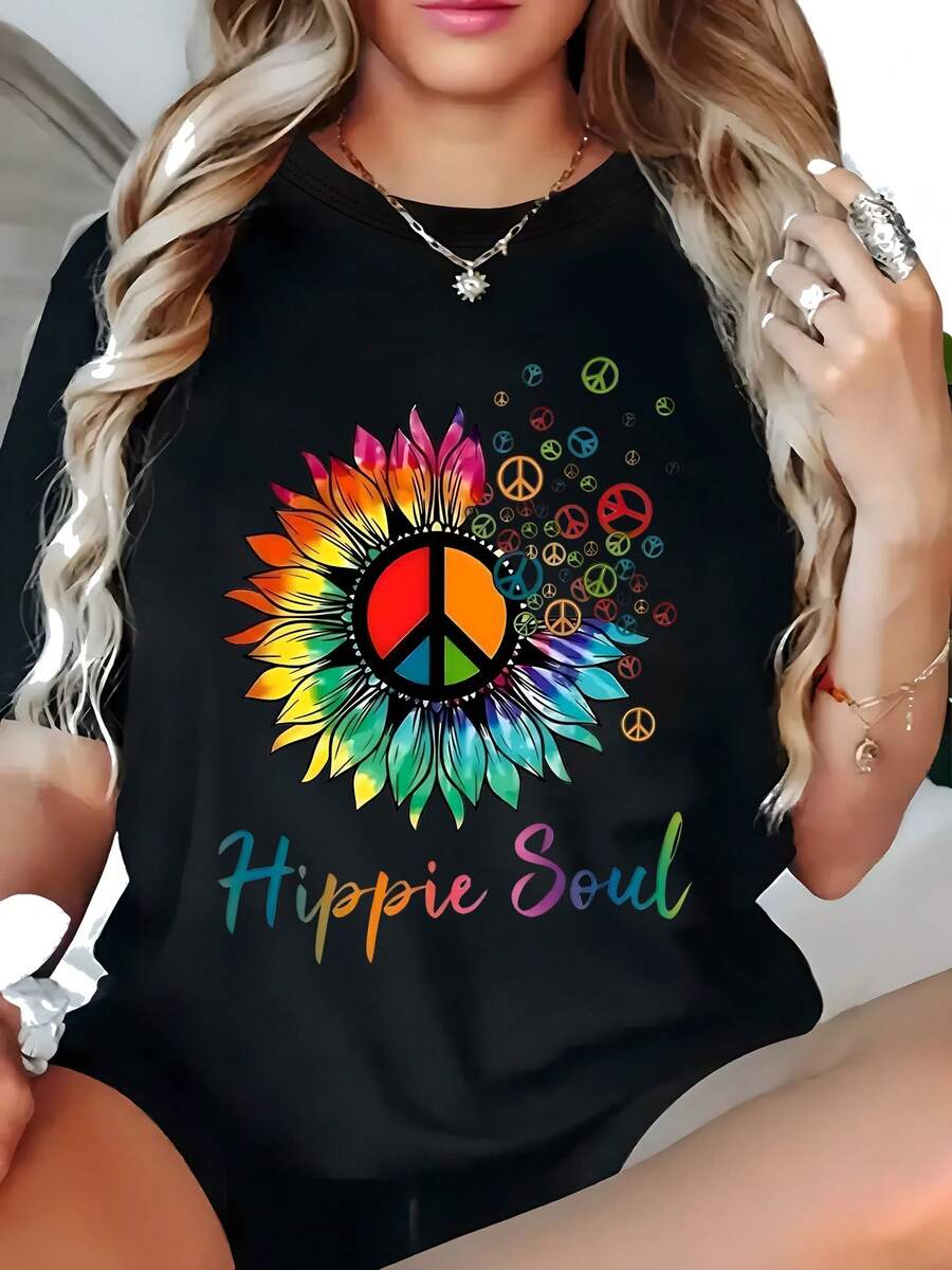 Women's 2026 Hippie Print Loose Fit T-Shirt, Casual Short Sleeve Boat Neck Top, Pure Cotton, All Seasons Stretch Fabric, Geometric Pattern, Round Neck, Summer And Spring Fashion - Perfect Gift For Mothers And Daughters! - 黑色 - 查看 1