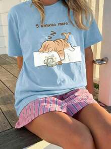 1 pieza Camiseta de mujer de manga corta y cuello redondo para verano, con estampado de letras en inglés "Cat Napping", adecuada para verano, playa, calle, diario, trabajo, fiesta de oficina, salida, carnaval, festival de música, San Valentín, fiesta.Hermosa blusa de estilo Y2K para mujer, atuendo de vacaciones para mujer.Ropa de oficina elegante, blusa linda, atuendo de vacaciones para mujer, vestido para cita nocturna, blusa elegante para mujer, ropa casual de verano, atuendo de vacaciones para mujer. - azul claro - Ver 3