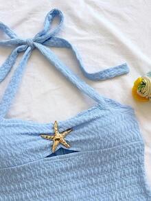 Mono de textura de unicolor con lazo de atar en el cuello para vacaciones, para fiesta en la playa - Celeste - Ver 6
