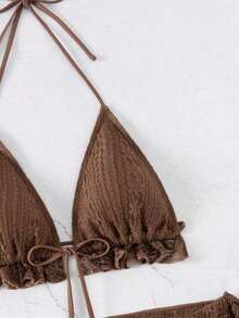 Conjunto de bikini de 3 piezas con tapa de falda, estilo de vacaciones en la playa, para mujer, con bikini halter sin espalda y encaje sexy - Café integral - Ver 5