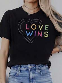 Soft 100% Cotton T-Shirt, Casual Short-Sleeved Crew Neck T-Shirt For Women, With Creative Valentine's Day Prints, Simple Design, Ideal For Outdoor Activities, Comfortable And Versatile, The Perfect Choice For A Birthday Gift, Also A Good Option For Family And Friends. Breathable Cotton T-Shirt, Goes With Everything. - 黑色 1 - 查看 1