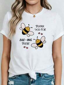 Soft 100% Cotton T-Shirt, 100% Pure Cotton, New Summer Style, Women's Summer Wear, Plus Size 100% Pure Cotton T-Shirt, With "THANK YOU FOR BEING THERE" Bee Design Sticker Print, Suitable For Thanksgiving Gifts And Everyday Wear, Cute And Relaxed Style, White Short-Sleeved Crew Neck T-Shirt For Women, Modern, Stylish And Retro Design, Flatters The Figure When Worn Outside The House, Simple And Elegant For Layering, Suitable For Shopping, Parties And Casual Daily Wear, Versatile And Durable Basic T-Shirt, Machine Washable. A Gift For Family, Siblings, Friends, Parents Or Teachers. Breathable Cotton T-Shirt, Goes With Everything. - 白色 - 查看 6