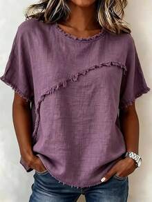 Women's Linen-Blend Fringe Trim T-Shirt, Crew Neck Short Sleeve Casual Blouse, Multi-Color Options SwankSociety - Purple - View 3