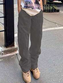 Women's Straight Leg Cargo Pants With Multiple Pockets, High-Waisted, Slim And Loose Jeans - 灰色 - 查看 1