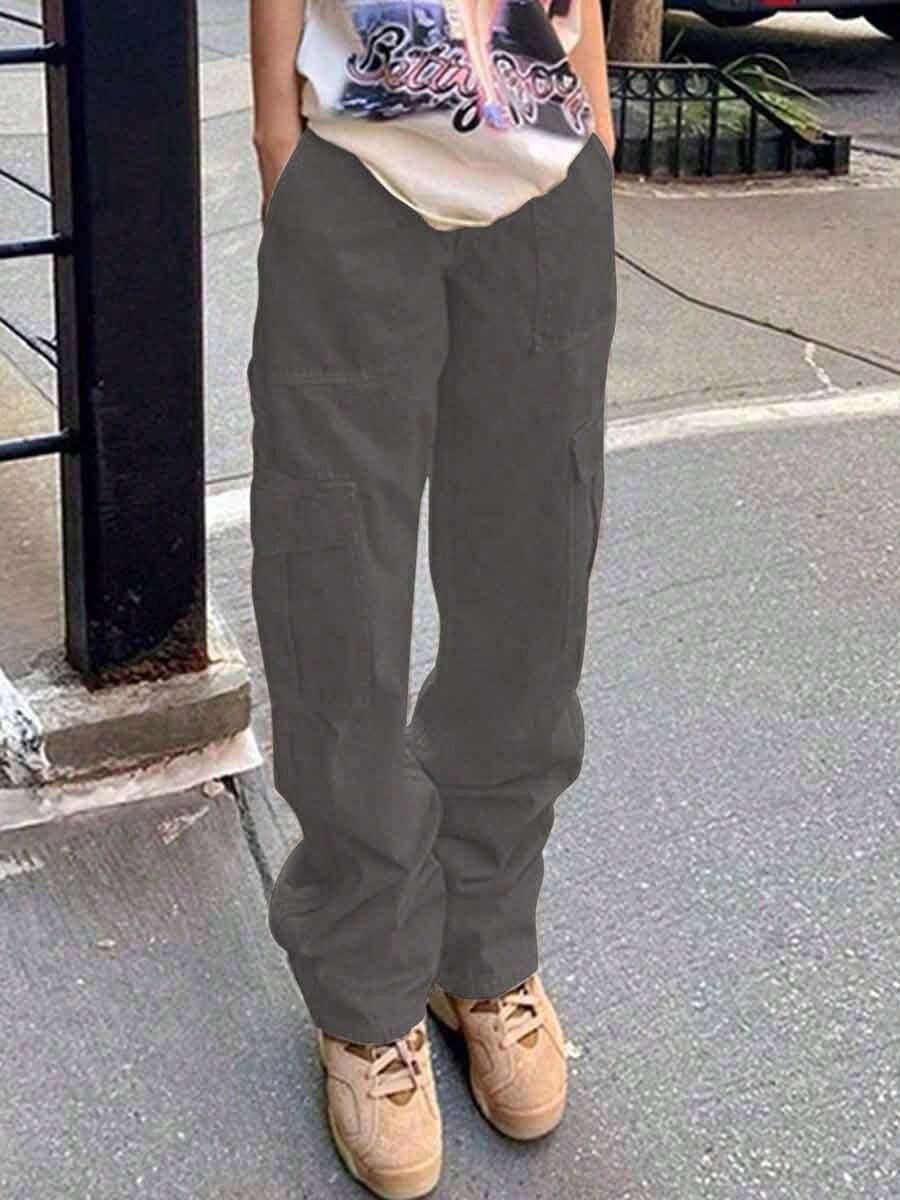 Women's Straight Leg Cargo Pants With Multiple Pockets, High-Waisted, Slim And Loose Jeans - 灰色 - 查看 1