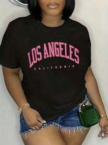 1 Pc Women's Casual Shirt With Los Angeles California Urban Print, Soft And Breathable Fabric Ideal For Everyday Wear, Available In Plus Size And Black, Contemporary Fashion Youth Style. 180g 100% Cotton Soft - 黑色 - 查看 1